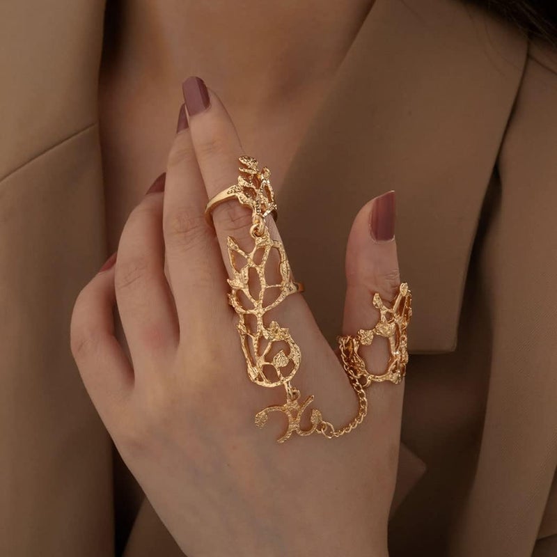 Yalice Charm Leaf Full Finger Ring Bracelets Dainty Knuckle Open Ring Harness Hand Chains Adjustable Statement Rings Jewelry for Women Gift - Image 3